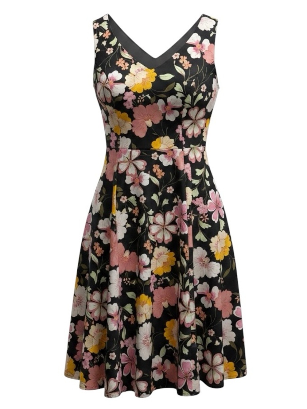 Eva Rose Vintage Floral Swing Dress Black Pink V-Neck Fit Flare Pockets USA M